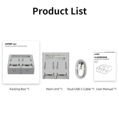 LKTOP Neo smart charger: 3-slot, 40W, app-controlled, supports DJI batteries, includes USB-C cable, manual, and packaging.
