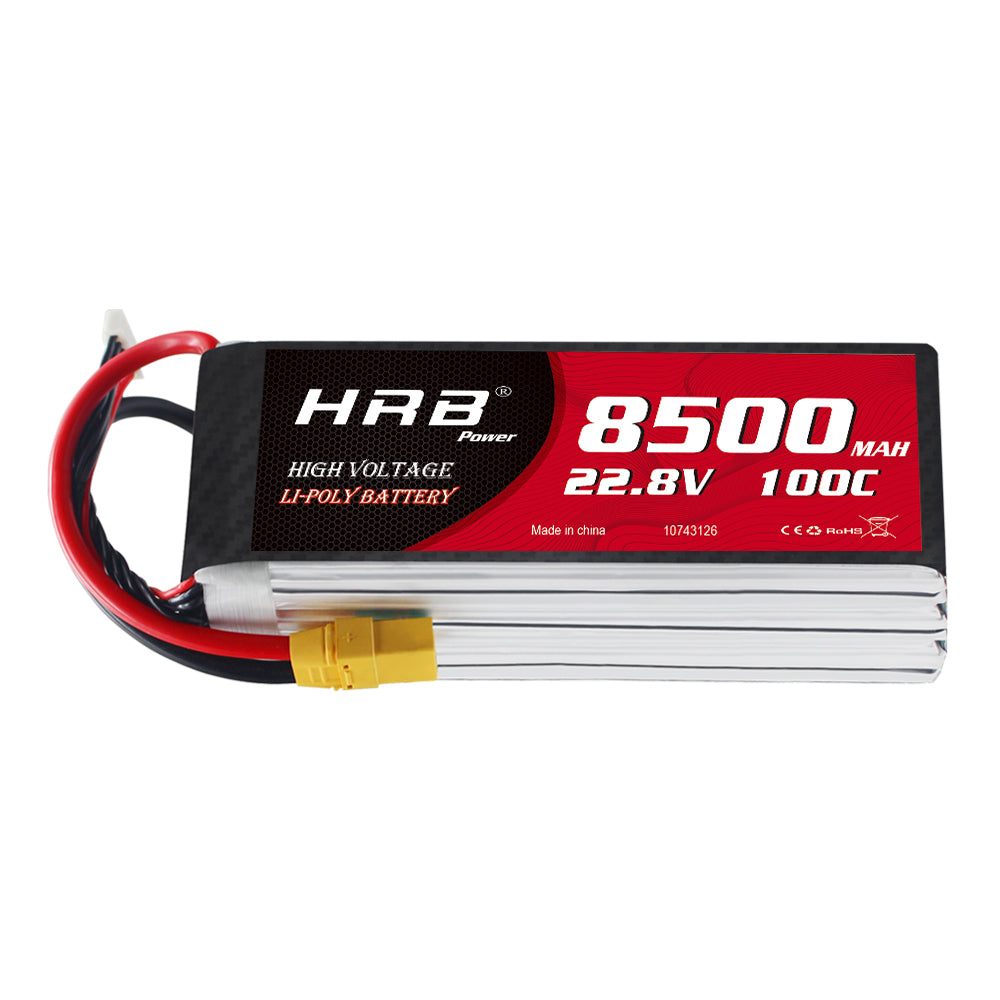 HRB 6S 22.8V 8500mAh 100C HV LiPo battery pack with XT90 discharge lead, side label view
