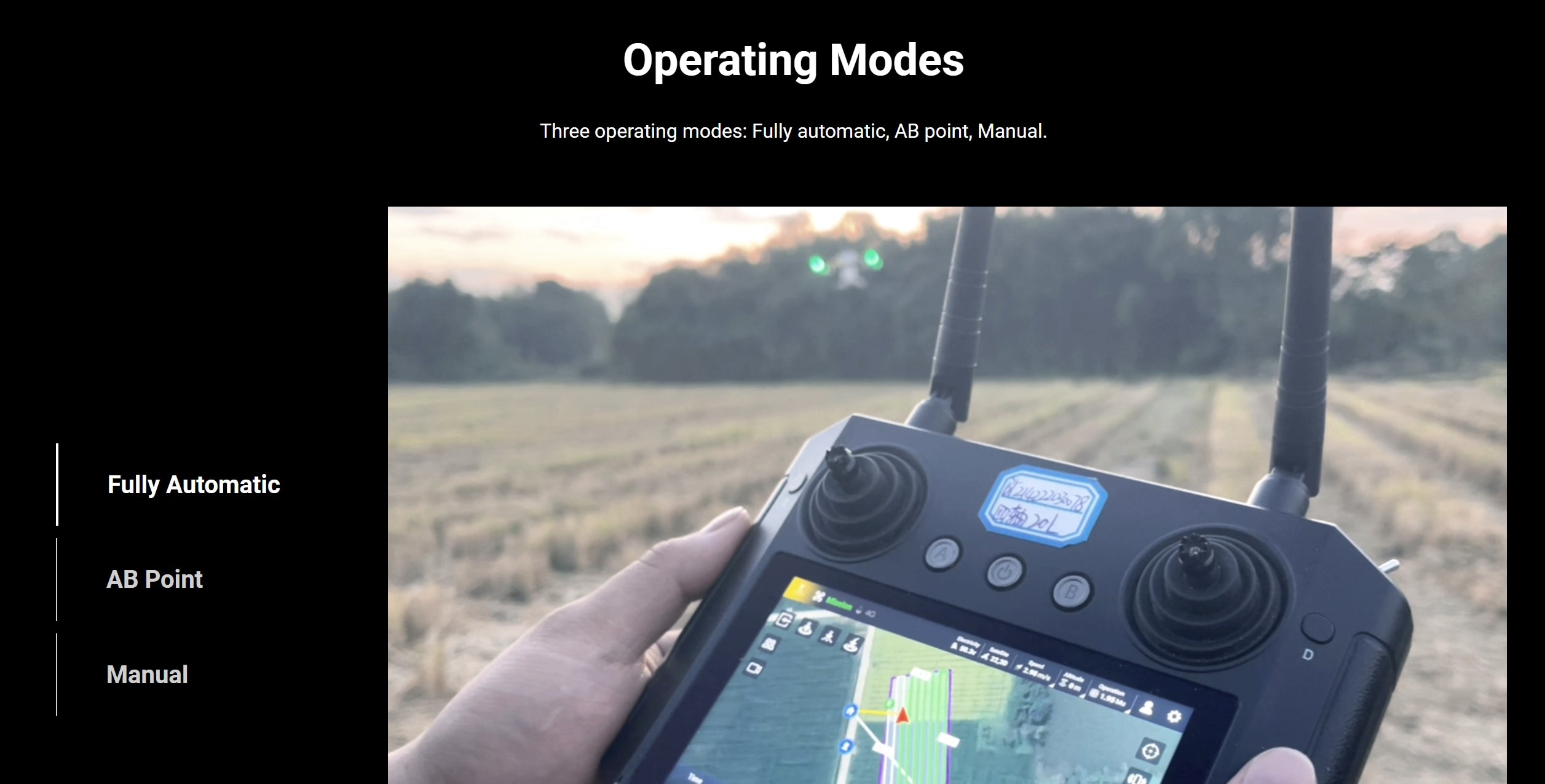 H160 Agricultural Drone - 8 Axis 72L 82L Spray / 80KG Spread X8 Motor Skydroid H12 14S 42000mAh Battery Agri Drone 16 H160 Agricultural Drone, Operating Modes Three operating modes: Fully automatic, AB point; Manual: Fully Automatic