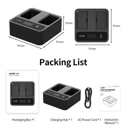LKTOP WB37 72W dual-slot charger with display for DJI WB37 batteries; includes accessories.