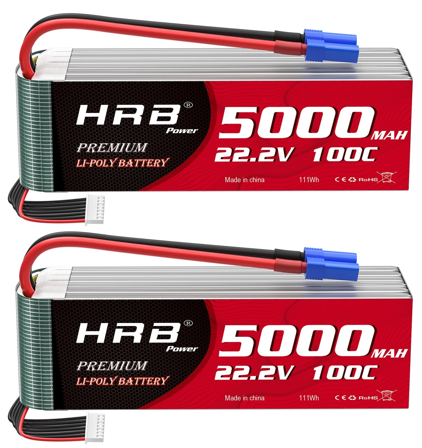 2-pack HRB 22.2V 6S 5000mAh 100C LiPo batteries with blue EC5 connectors, side view