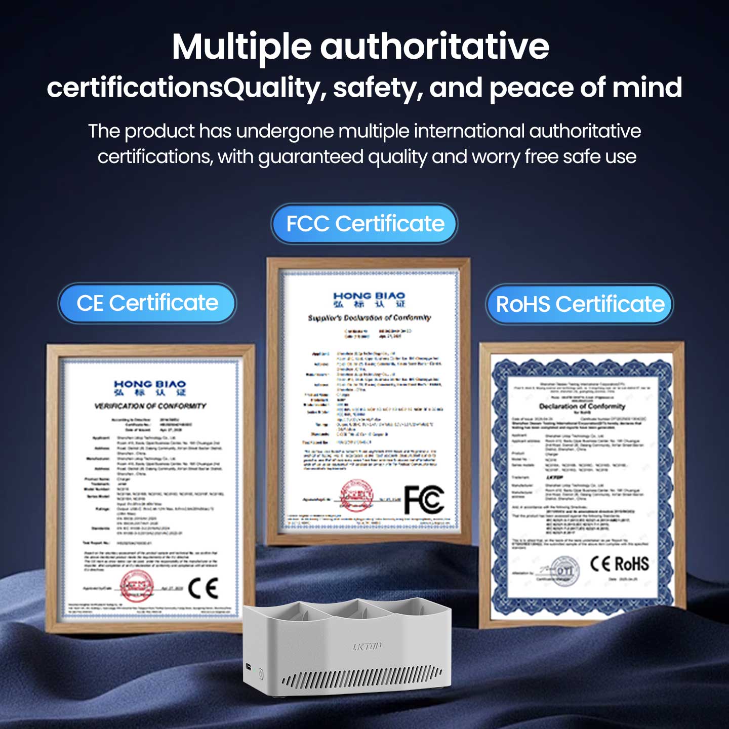 Certified 65W LKTOP charger for DJI Flip offers fast, safe 3-way parallel charging in ~86 minutes with quality and safety certifications.