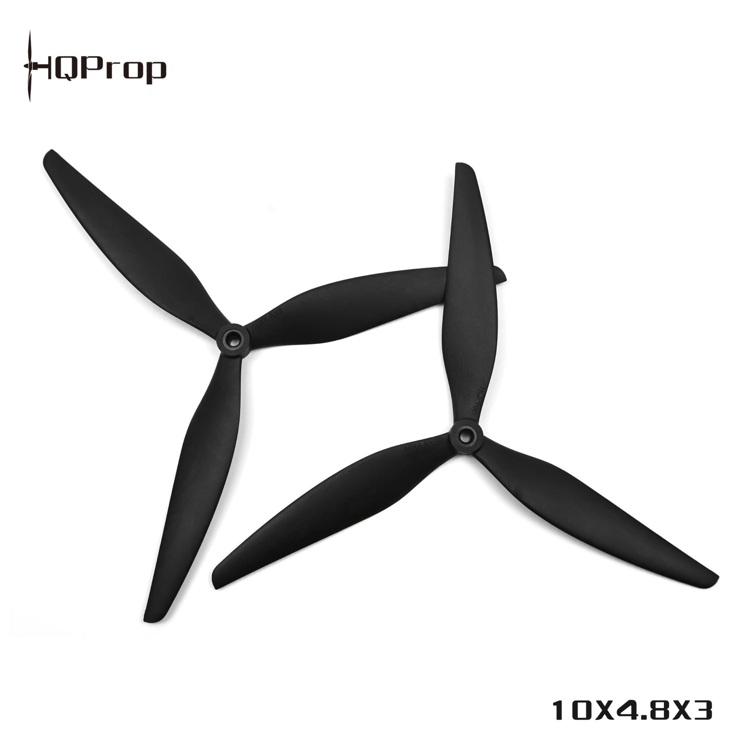 HQProp 10x4.8x3 black tri-blade propellers, top view with size marking