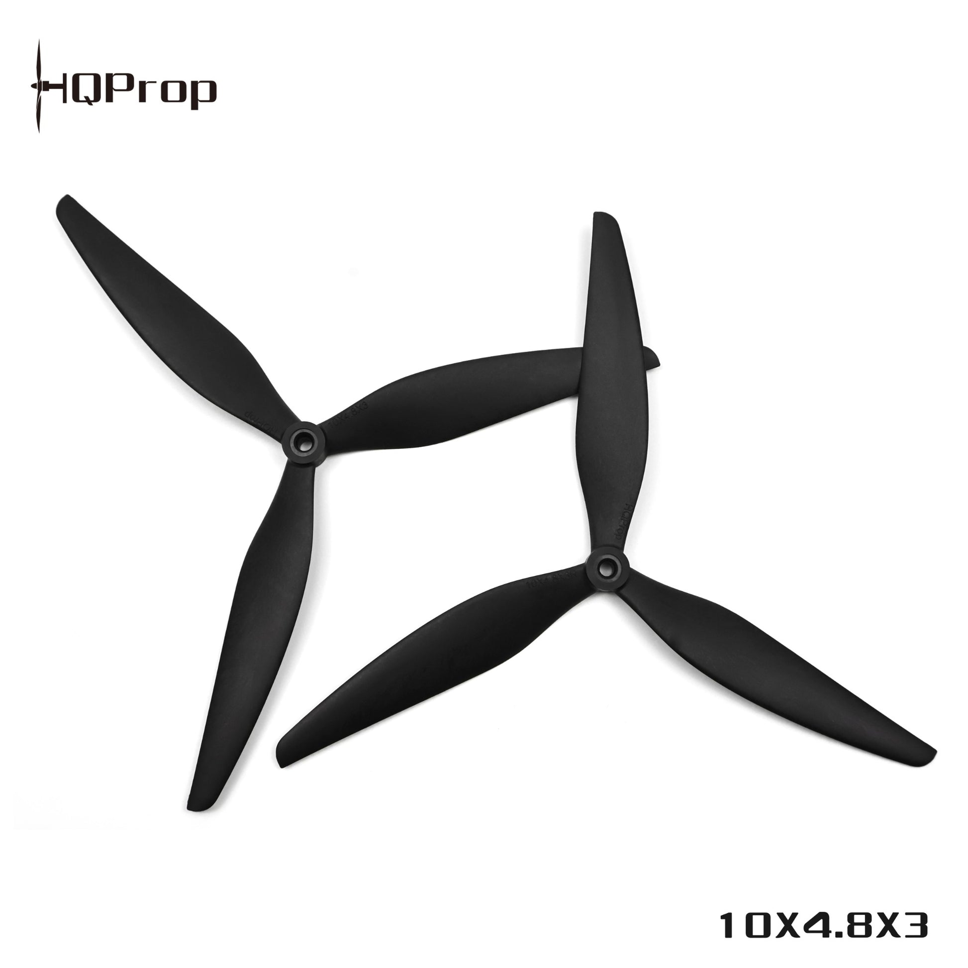 HQProp 10x4.8x3 black tri-blade propellers, top view with size marking