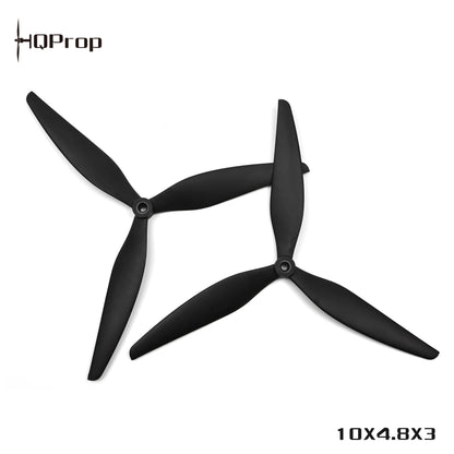 HQProp 10x4.8x3 black tri-blade propellers, top view with size marking