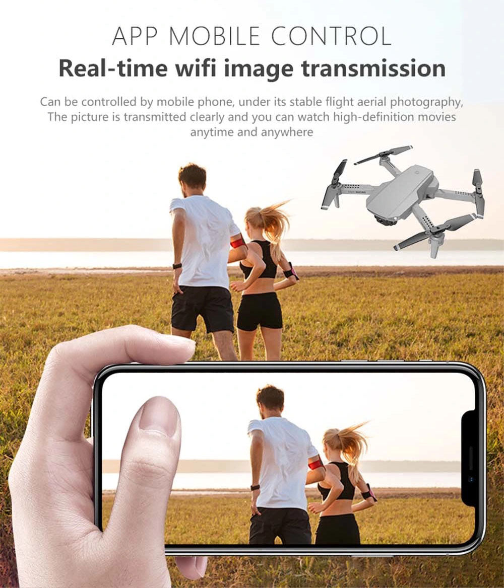 E88 Drone WiFi Fpv Mini Drone with Dual 4K HD Camera Wide-Angle Lens Mini Drone 18 E88 Drone, app mobile control real-time wifi image transmission can be controlled by mobile