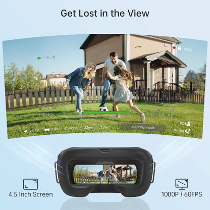 Immersive view graphic showing 4.5 inch screen and 1080P/60FPS display on goggles