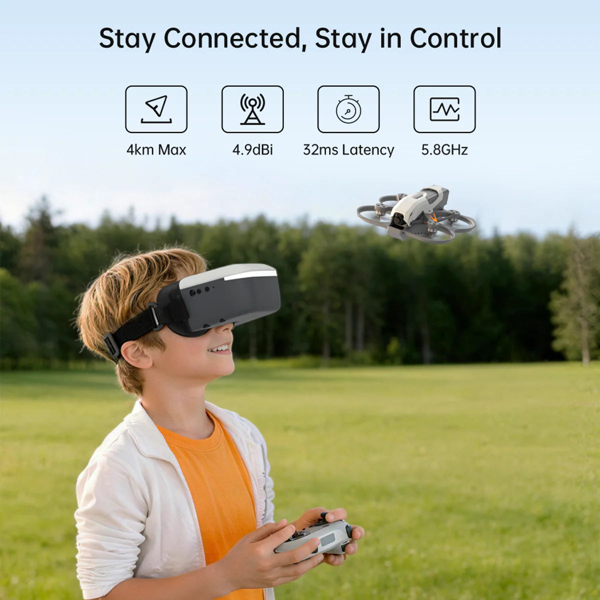 Walksnail Ascent FPV Goggle in use outdoors flying drone; icons show 4km max, 32ms latency, 5.8GHz