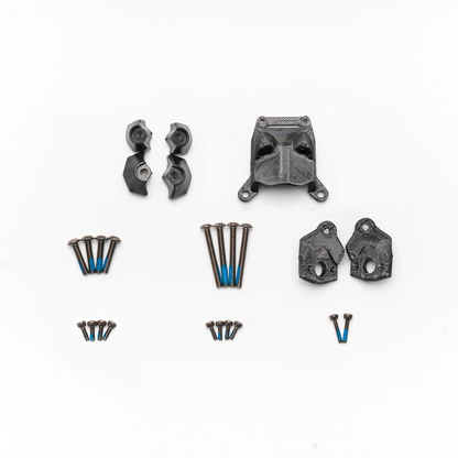 Kit contents layout: printed mounts, side plates, clamp pieces, and multiple blue threadlocked screws