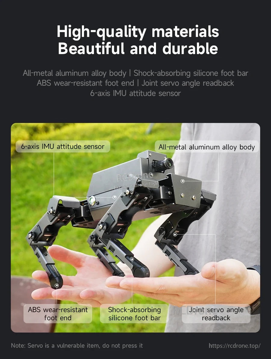 Materials and sensors close-up: all-metal aluminum alloy body, shock-absorbing feet, IMU, and servo angle feedback