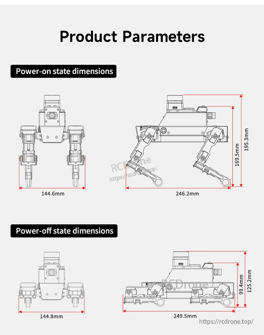 DOGZILLA S1/S2 robot dog dimension diagram showing power-on and power-off sizes in millimeters