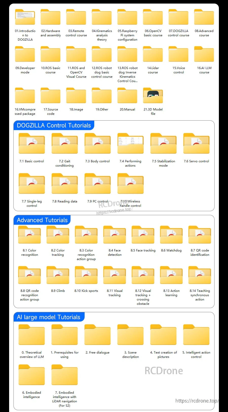 Folder list of DOGZILLA control tutorials and AI model tutorials for Yahboom DOGZILLA S1/S2 robot