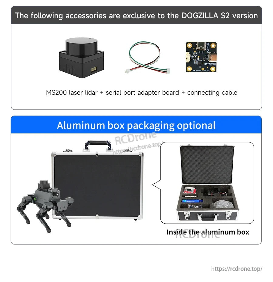 Accessories and optional aluminum carrying case for Yahboom DOGZILLA S2, including MS200 lidar and adapter board