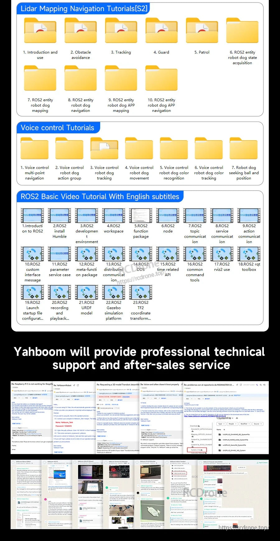 Tutorial resource page for Yahboom DOGZILLA S1/S2 robot, with LiDAR mapping, voice control, and ROS2 video lessons