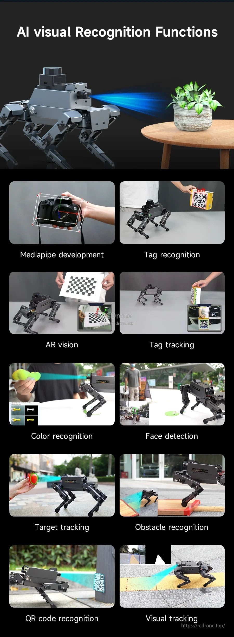 AI visual recognition functions collage for robot dog: tag, color, face detection, tracking, obstacle recognition