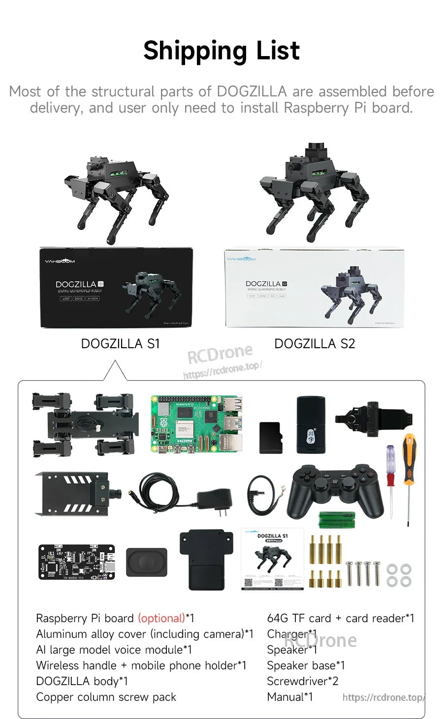 Shipping list for Yahboom DOGZILLA S1/S2 12DOF robot kit with Raspberry Pi (optional), controller, camera and hardware