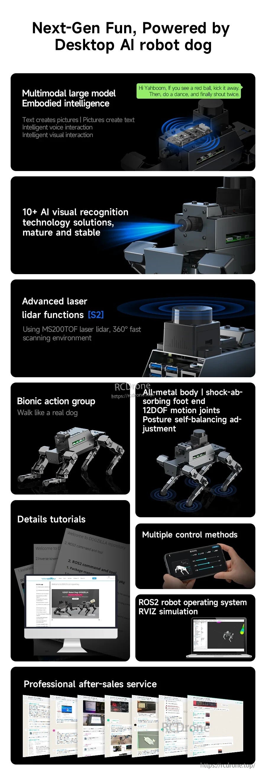 Feature overview poster for DOGZILLA robot dog including AI vision, LiDAR (S2), bionic actions, and control methods