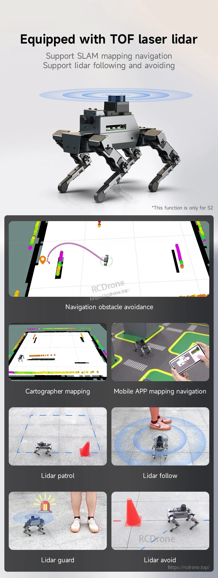 TOF laser LiDAR mapping navigation functions for DOGZILLA S2 including avoidance, patrol, follow, and APP mapping