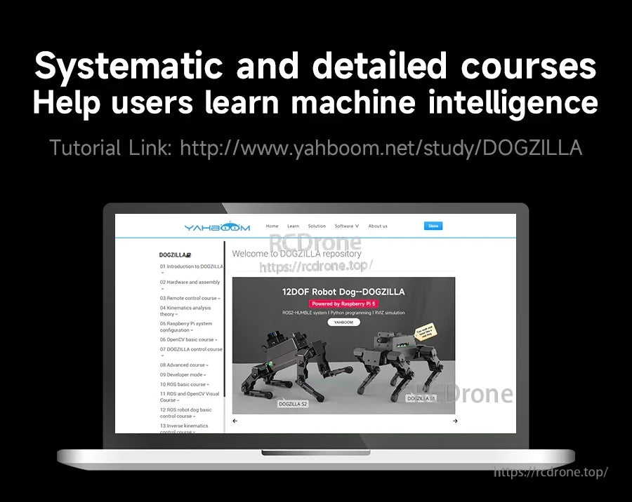 Yahboom DOGZILLA 12DOF robot dog course page displayed on a laptop with tutorial link for AI learning