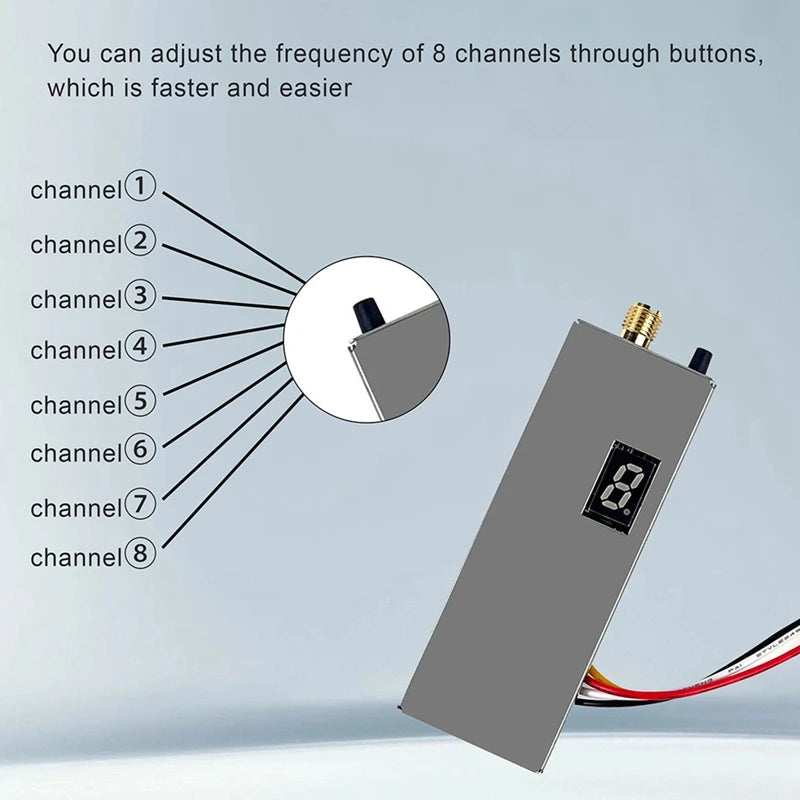 1.2G 1.3G 1.6W 8CH VTX, Adjusting 8-channel frequencies using buttons for ease with options including channels 1-8.