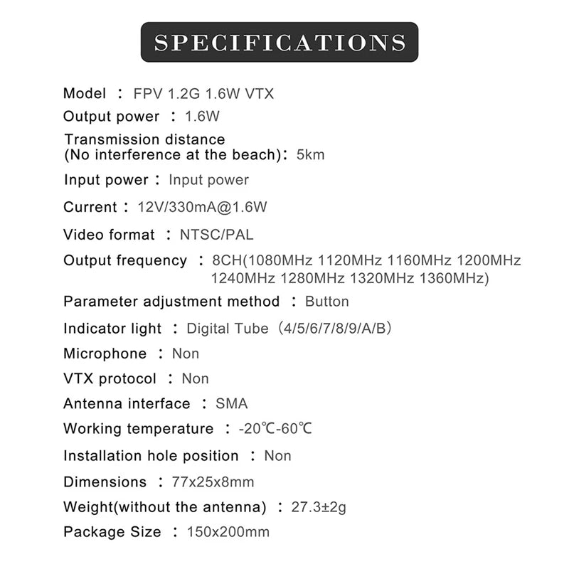 1.2G 1.3G 1.6W 8CH VTX, FPV drone specifications include 1.2G model, 1.6W VTX output, and parameters like video format, frequency, power, and dimensions.