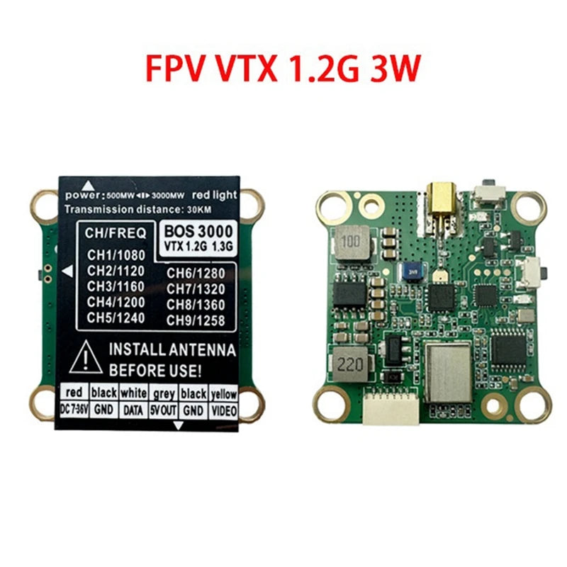 1.2G 1.3G 3W 9CH VTX, FPV VTX features 1.26 GHz frequency, 3W power, and up to 1000m transmission distance with various channel options.