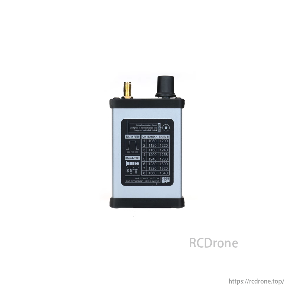 1.2G 1.3G Analog VRX, Device displays Band A, B frequencies, has 3.5mm A/V output, supports 32GB storage, includes built-in filter.