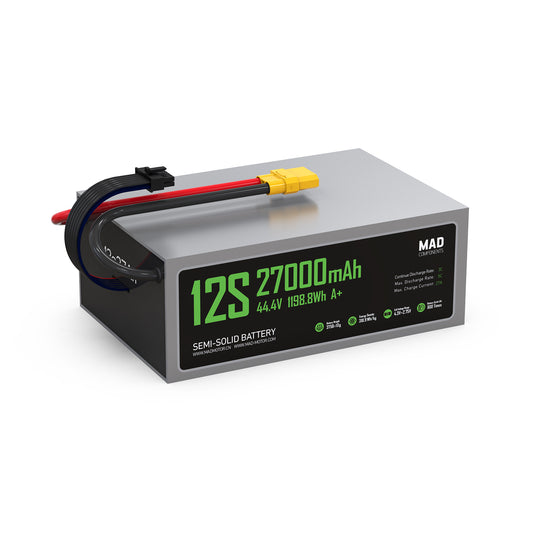 MAD 12S 27000mAh 44.4V semi-solid drone battery pack with XT90-style connector and balance lead
