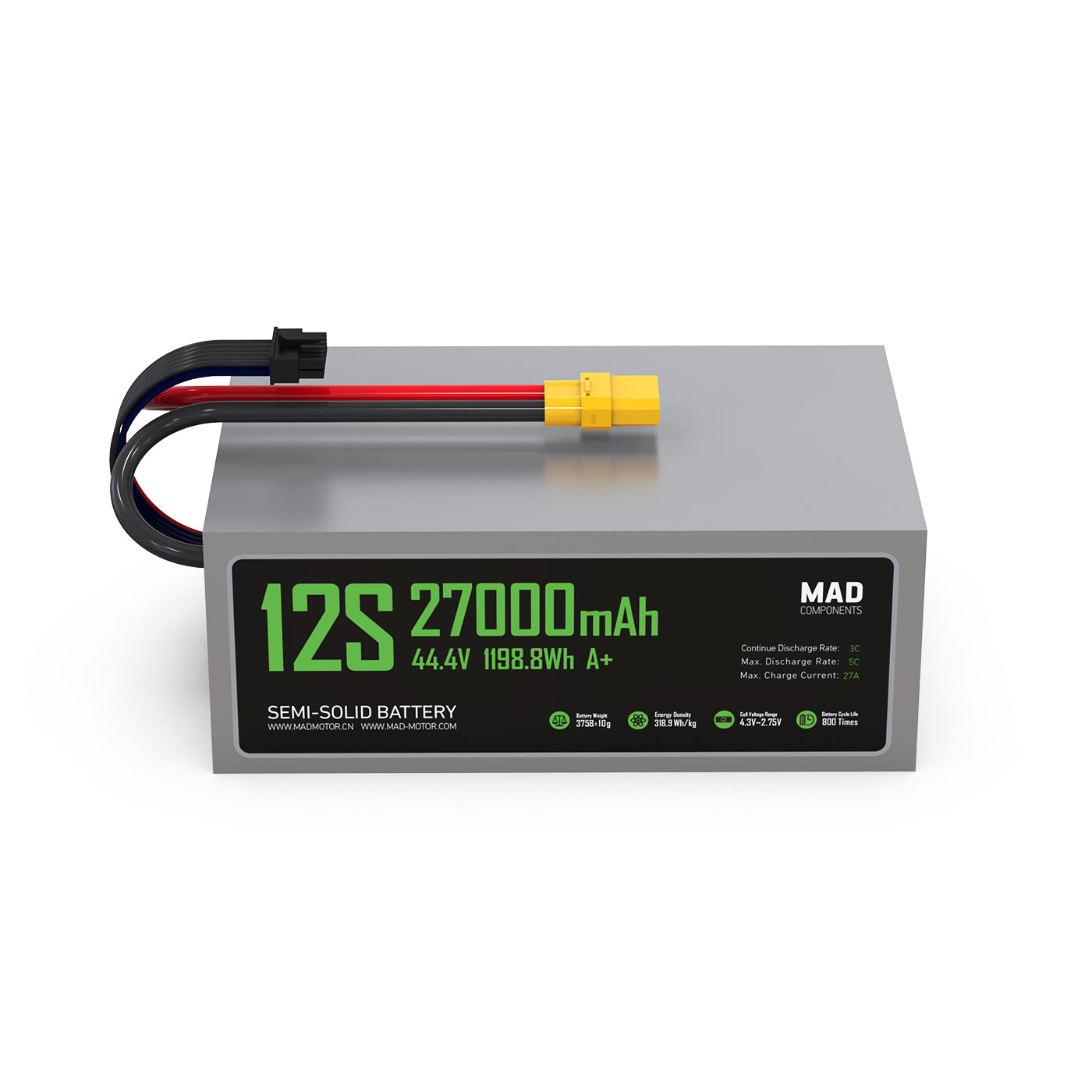 MAD 12S 27000mAh 44.4V semi-solid lithium-ion drone battery pack with XT-style power connector