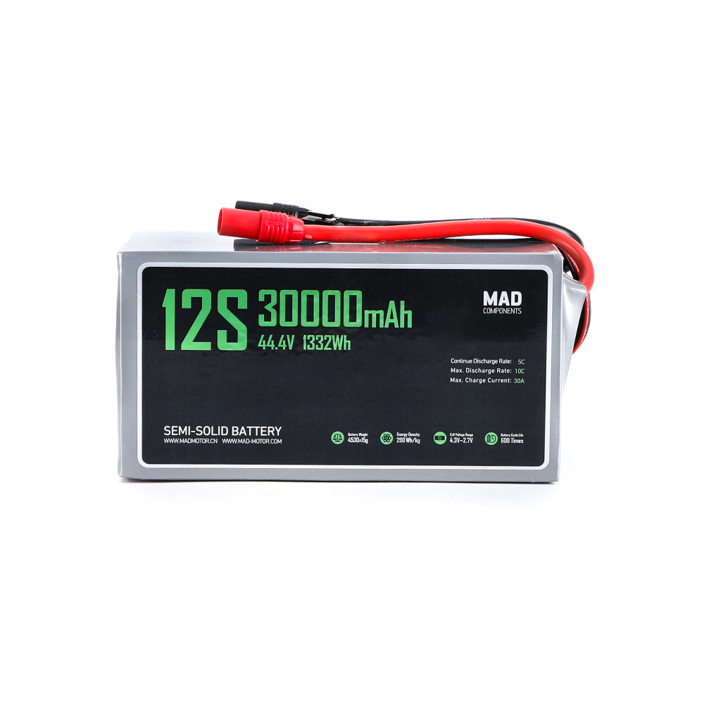 MAD 12S 30000mAh 44.4V 1332Wh semi-solid drone battery pack with red power leads and connector