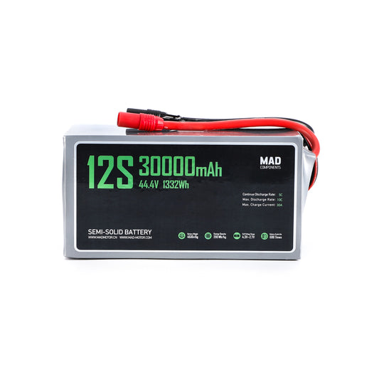 MAD 12S 30000mAh 44.4V 1332Wh semi-solid drone battery pack with red power leads and connector