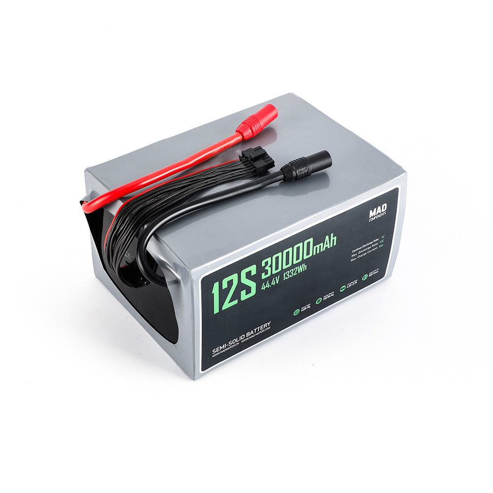 MAD 12S 30000mAh 44.4V 1332Wh semi-solid drone battery pack with heavy-gauge leads and balance connector