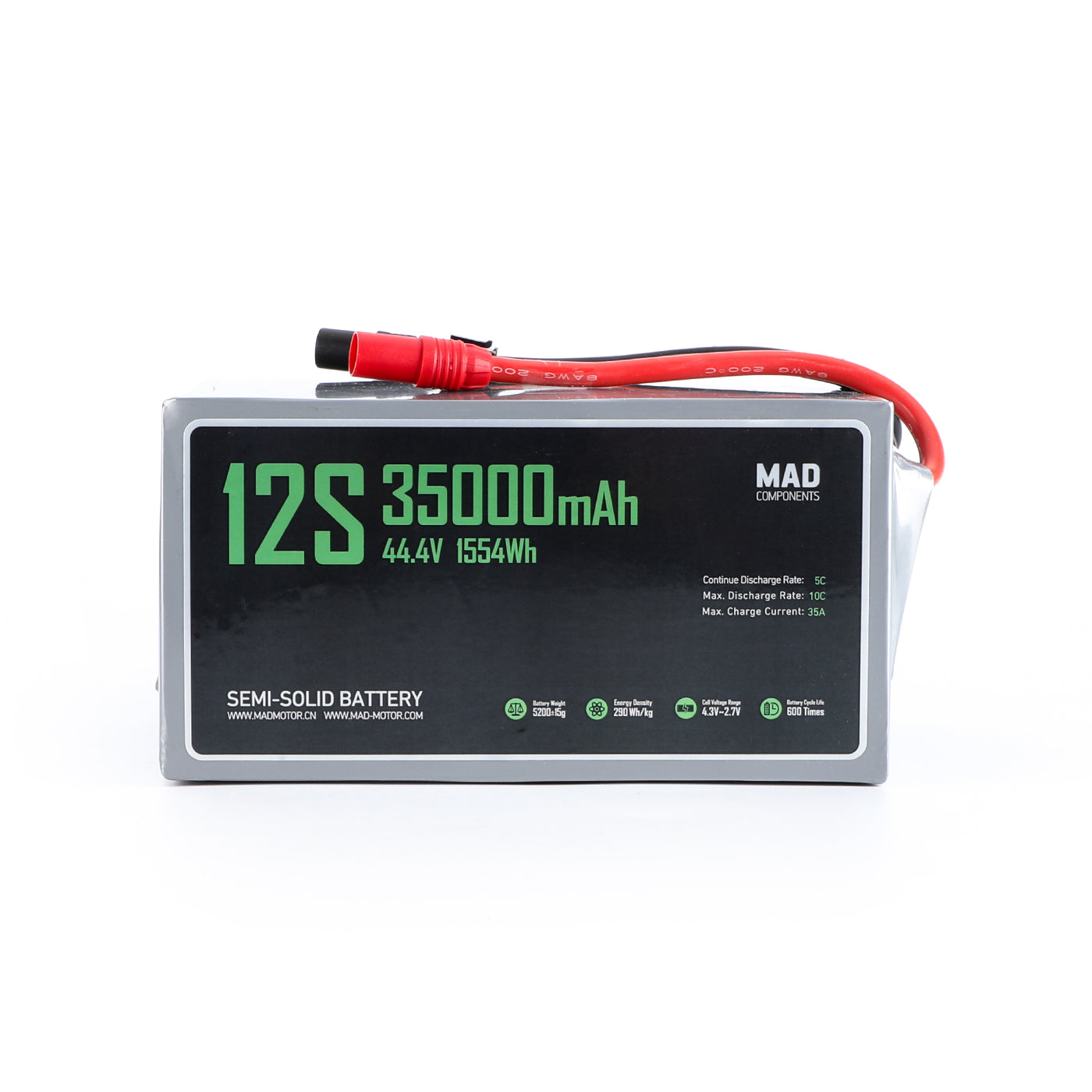 MAD 12S 35000mAh 44.4V semi-solid drone battery pack with red high-current connector lead