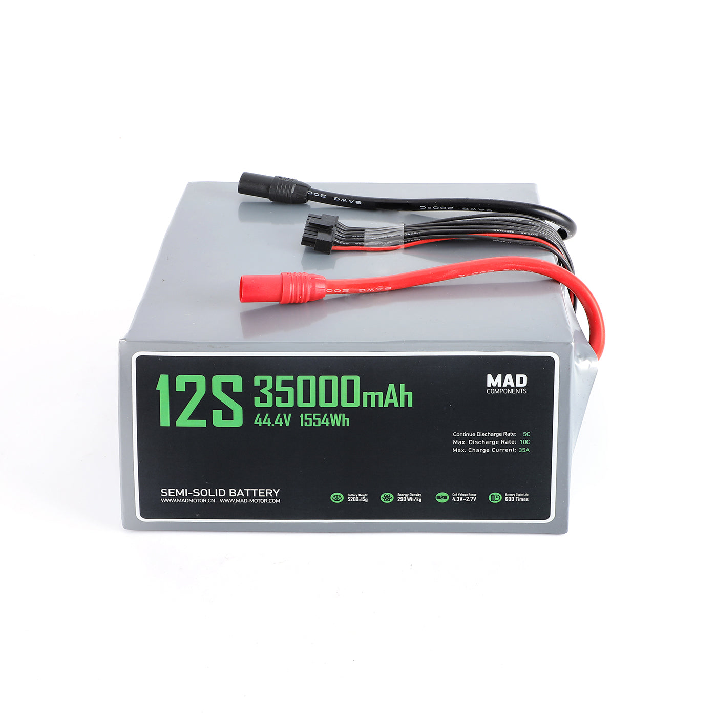 MAD 12S 35000mAh 44.4V semi-solid drone battery pack with AS150-style connector and balance lead
