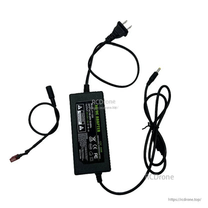 Power adapter set showing DC barrel plug output and additional short connector lead alongside the adapter brick