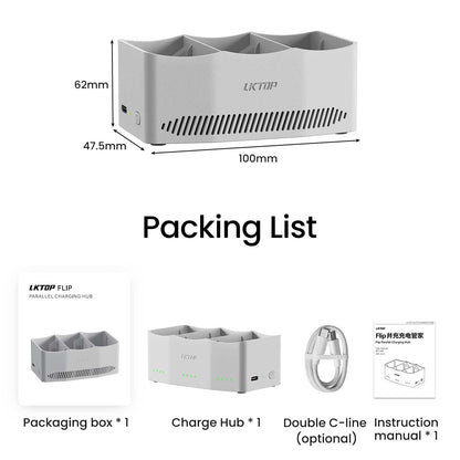 LKTOP 65W 3-way DJI Flip charger: 100x47.5x62mm, includes accessories, charges in ~86 mins with three battery modes.