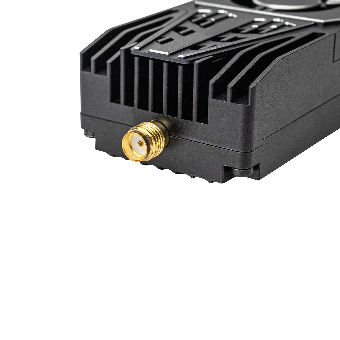 VTX SMA RF connector close-up on aluminum heat-sink housing
