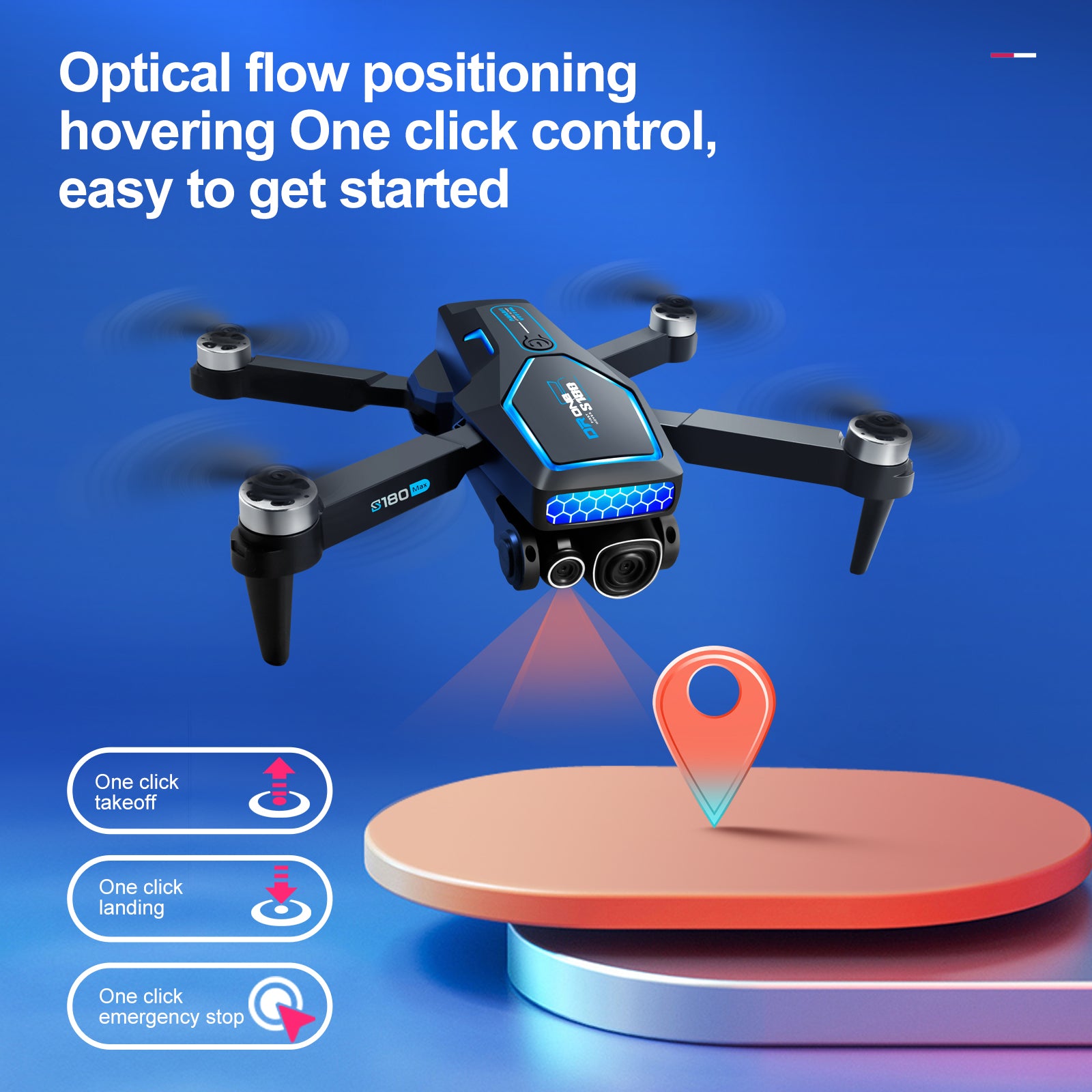 S180 Drone, Easy drone operation with optical flow positioning and hover control, plus one-click takeoff, landing, and stopping.
