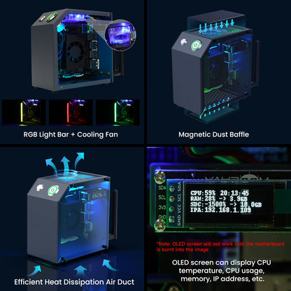 Yahboom Jetson MINI CUBE NANO Protective Case features RGB light bar, cooling fan, dust filter and OLED status screen