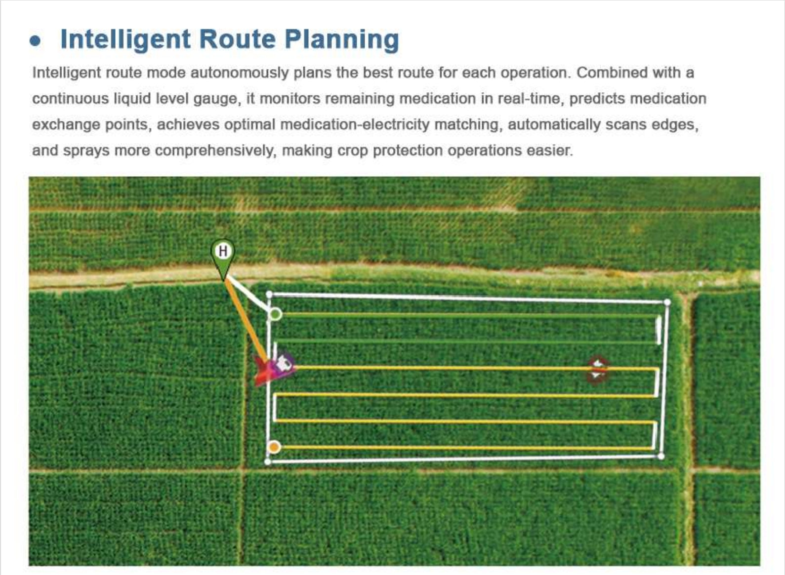 RCDrone, Optimizes crop protection routes based on real-time liquid levels and predicts optimal exchange points.