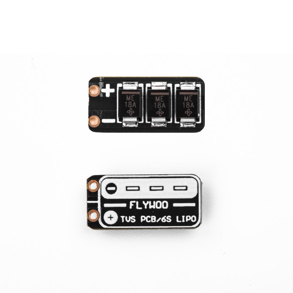 Flywoo TVS power filter PCB with clearly marked +/− pads and three SMD components for 6S LiPo wiring