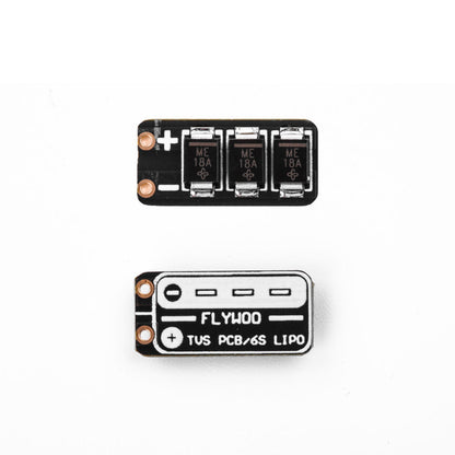 Flywoo TVS power filter PCB with clearly marked +/− pads and three SMD components for 6S LiPo wiring
