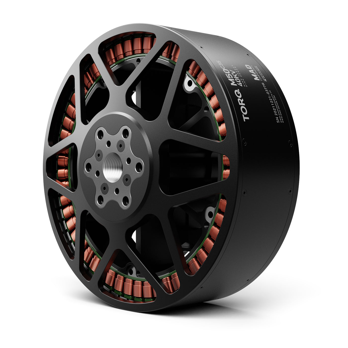 MAD M50C35 PRO EEE Manned Drone Motor, MAD TORQ M50C35 PRO EEE brushless drone motor with black housing, spoked rotor and visible copper windings