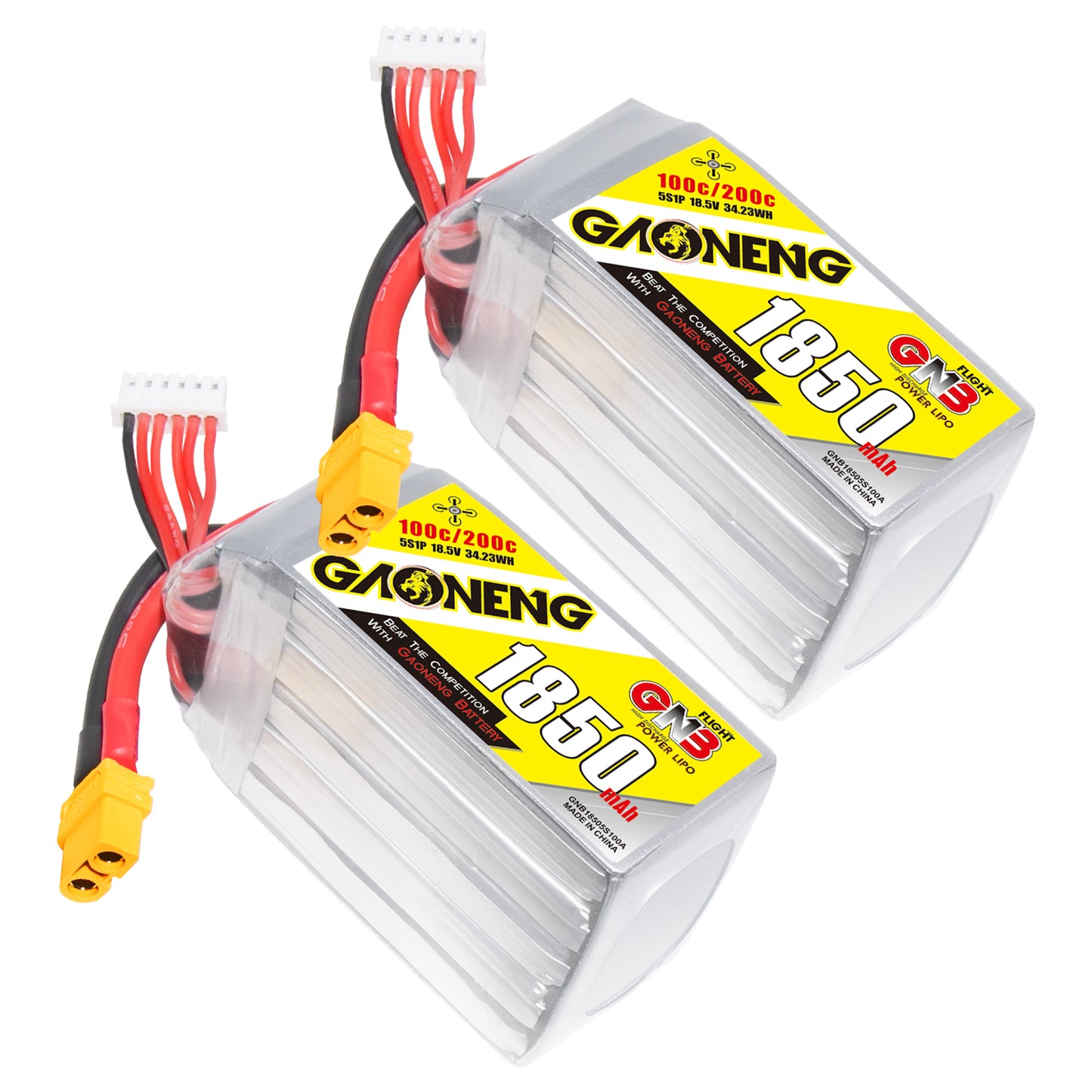 GAONENG GNB 5S 1850mAh 100C LiPo battery pair with XT60 connector and balance lead