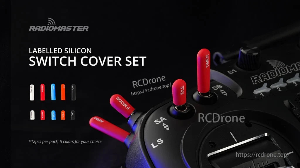 RadioMaster 12pcs labeled silicone switch cover set on RC transmitter, with assorted pre-printed function labels
