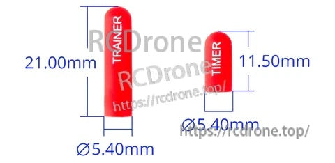 Switch cover size comparison: long 21.0 mm and short 11.5 mm, both 5.4 mm diameter, with label examples