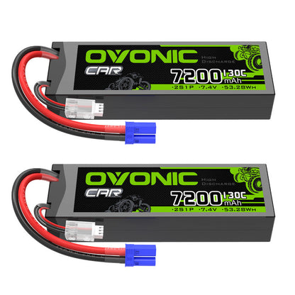 OVONIC 2S 7200mAh 130C 7.4V hardcase LiPo battery 2-pack with EC5 plug and balance lead