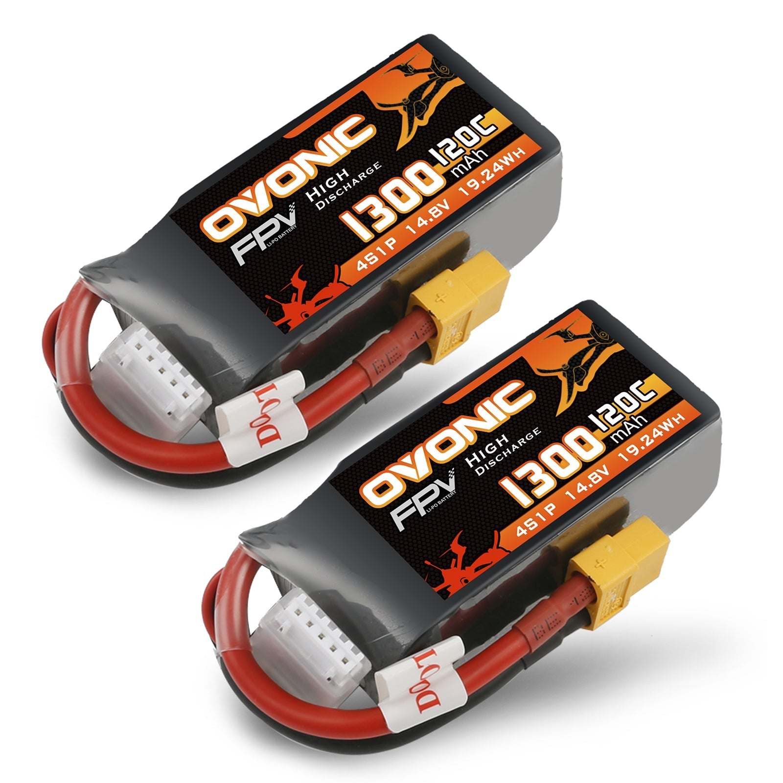 Ovonic 120C 1300mAh 4S 14.8V LiPo Battery 2-pack with XT60 plug and JST-XHR balance lead