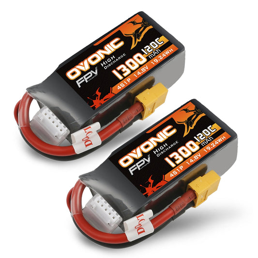 Ovonic 120C 1300mAh 4S 14.8V LiPo Battery 2-pack with XT60 plug and JST-XHR balance lead