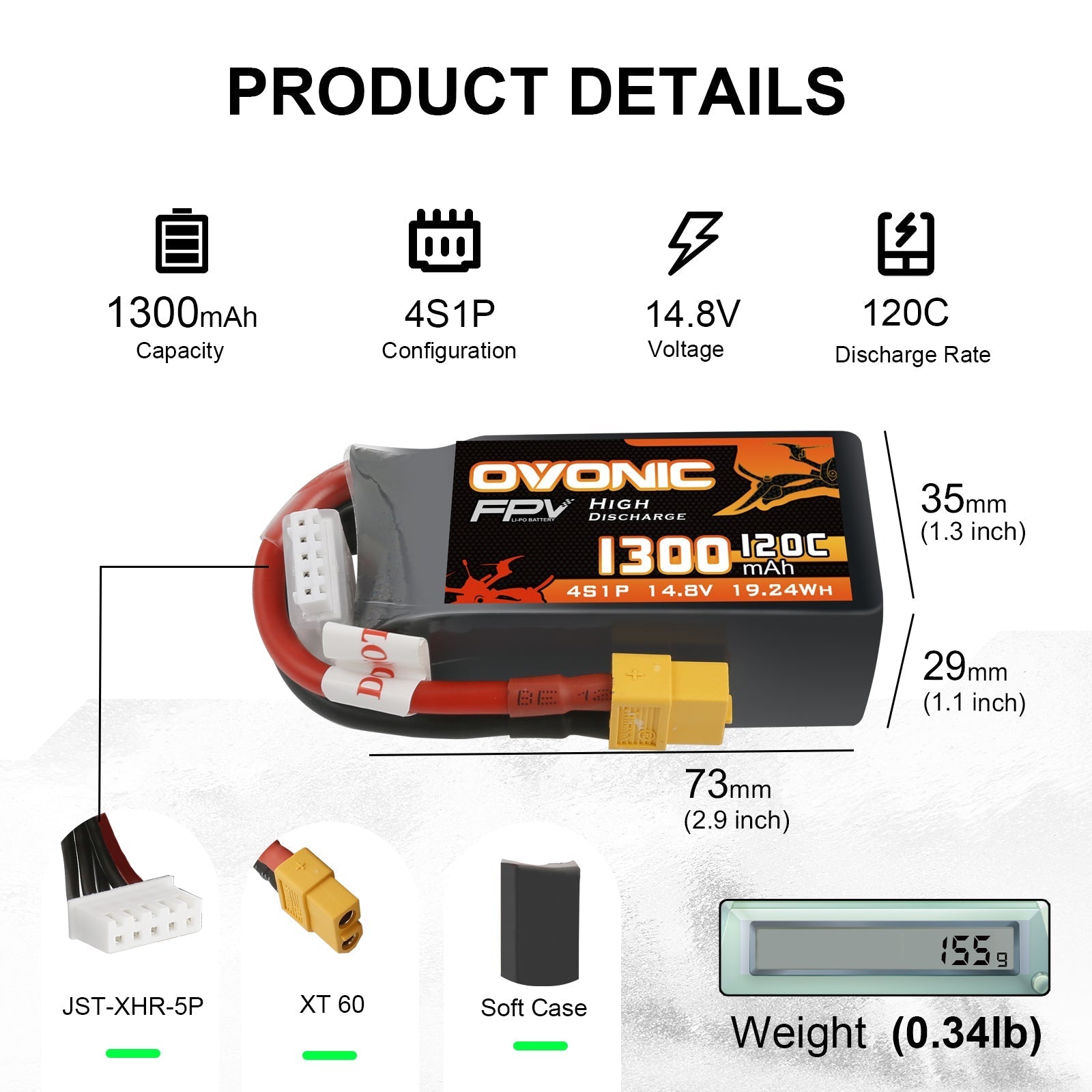 Ovonic 1300mAh 4S 14.8V 120C LiPo battery dimensions 73×35×29mm, XT60 and JST-XHR-5P, 155g weight